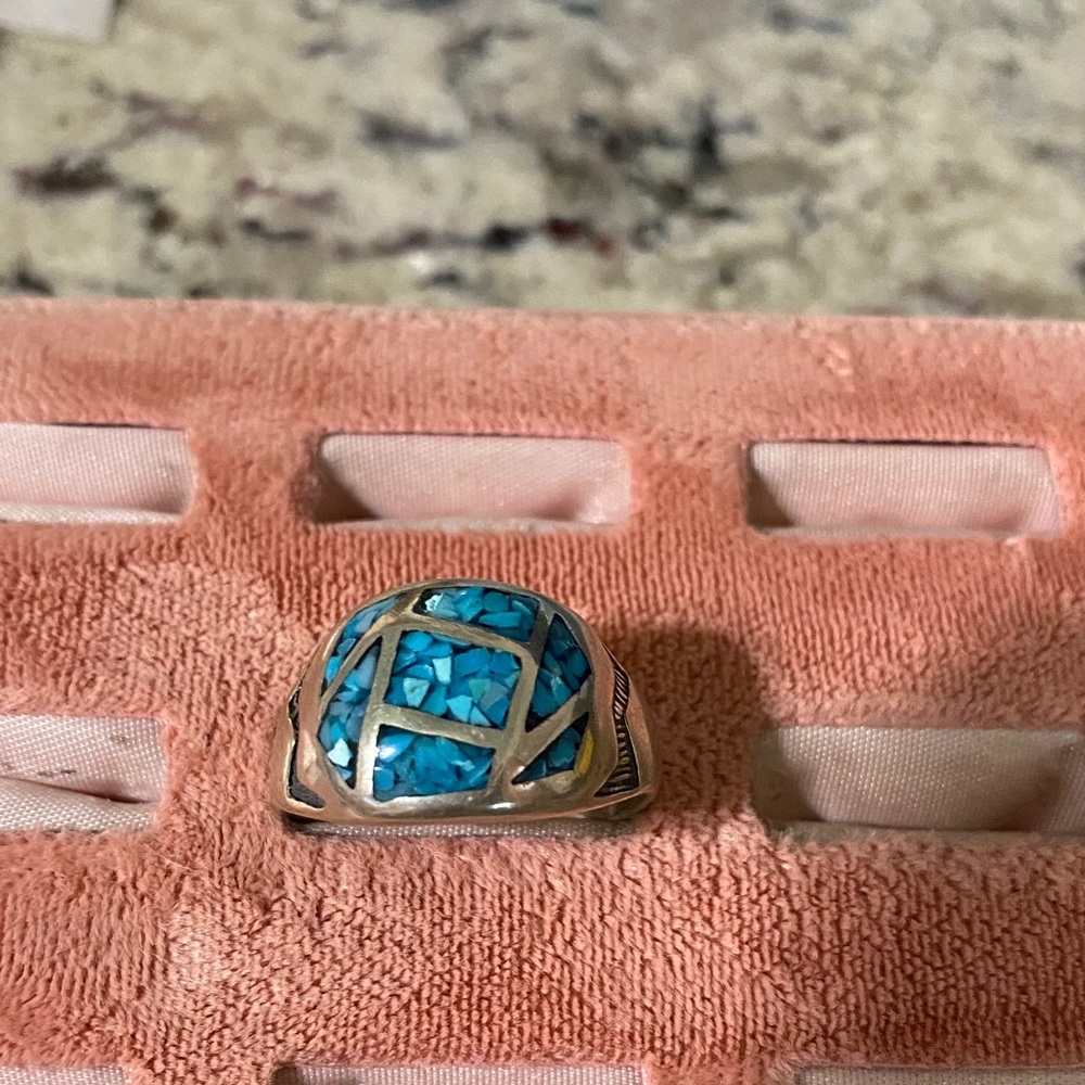Turquoise Inlay Sterling Silver Statement Ring - Blue
